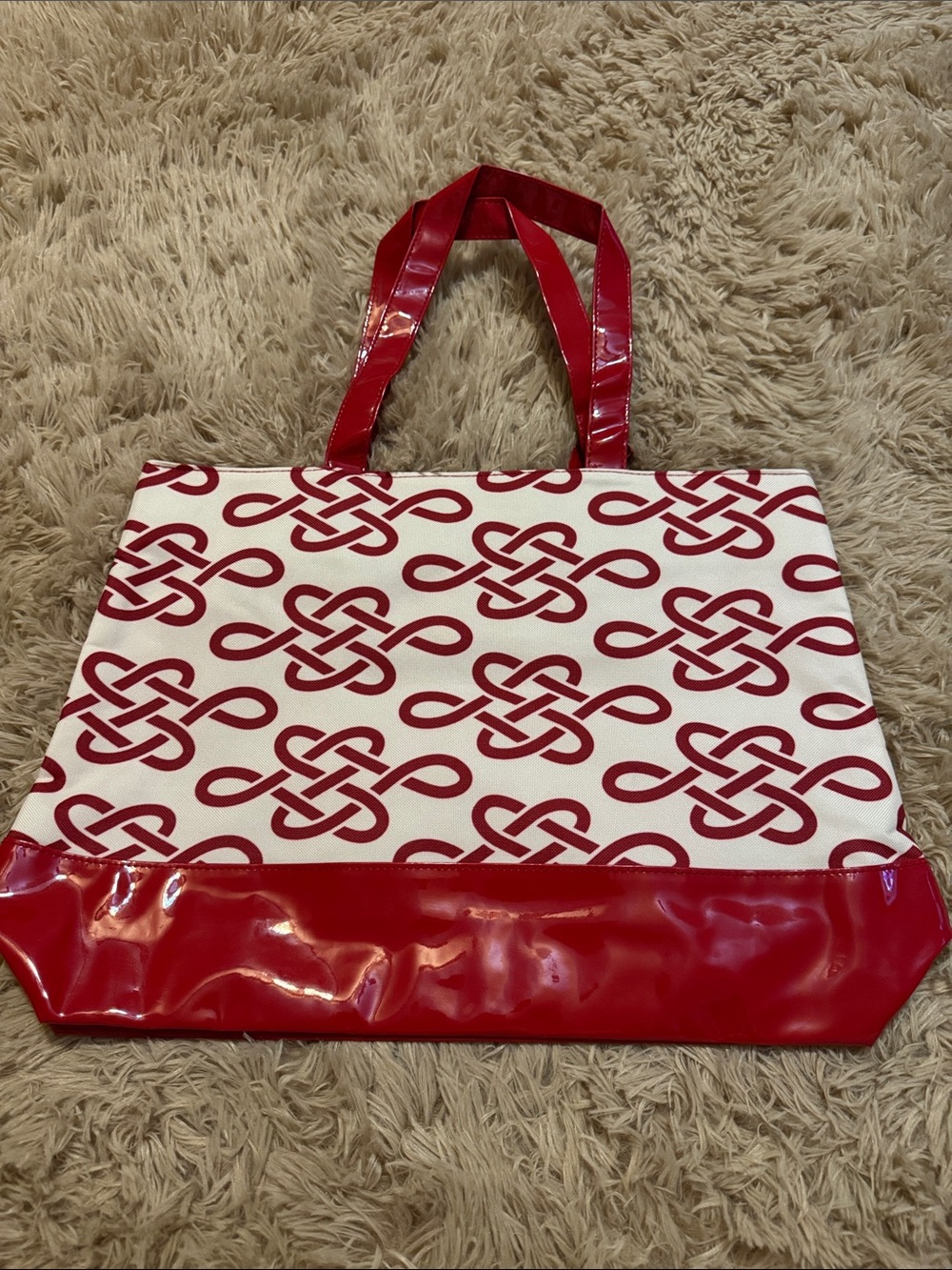 Red Patterned Tote Bag with Patent leather Red Trim and matching wallet